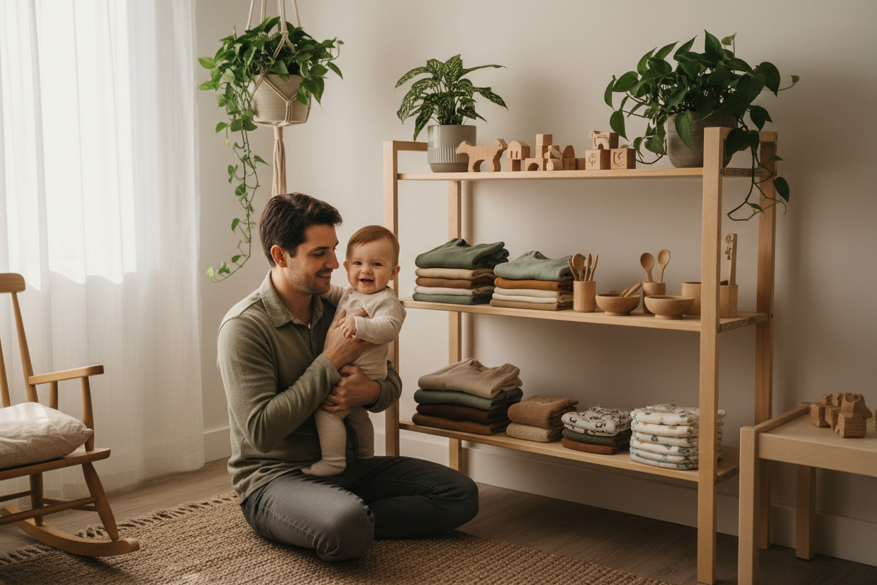 Smiling man sitting on the floor holding a baby in a cozy, minimalist nursery with wooden furniture, folded clothes, wooden toys, and green potted plants