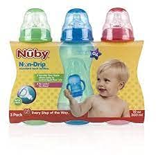Nuby Non-Drip Standard Neck Bottles, 10 Ounce (Orange/Green/Aqua)