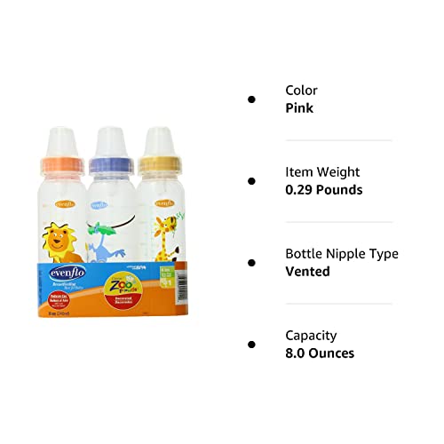 Evenflo Zoo Friends 3 Count Standard Nipple Bottle, 8 Ounce (Colors May Vary)