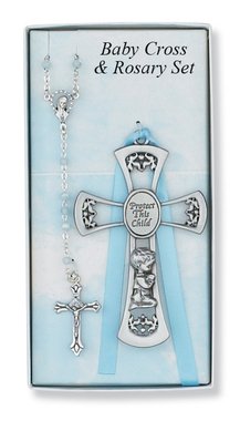 Pewter Baby Boy Cross Crib Medal & Rosary Set, Childrens Rosary