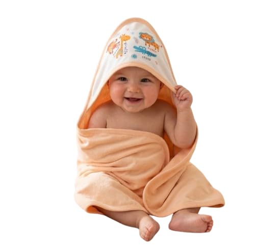 Baby Inn 100% Soft Cotton Babys Printed Hooded Towel Peach (Pack of 1), Pea