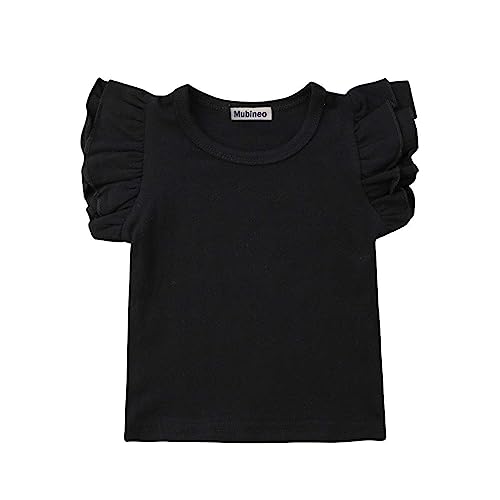 Mubineo Toddler Baby Girl Basic Plain Ruffle Sleeve Cotton T Shirts Tops Tee Clothes (Black, 1-2T)