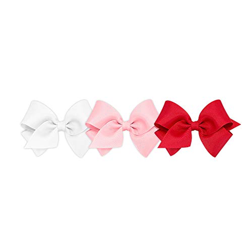 Wee Ones Girls' Small Bow 3 Pc Set Solid Grosgrain Variety Pack On A Weestay No-Slip Hair Clip - Light Pink, Red, And White