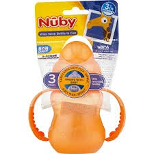 Nuby 3-Stage Wide Neck No Spill Bottle With Handles And Non-Drip Juice Spout, 3 Months, 8 Ounce, Orange
