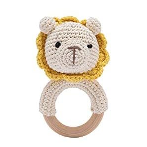 Wooden Baby Rattle Crochet Lion Baby Toys Handmade Newborn Toy Early Development Grips Stuffed Animal Organic Rattle