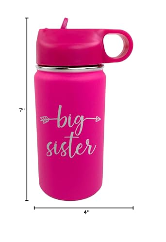 The Crafty Engineer Big Sister Big Brother Kids Water Bottle, Engraved Design With Flip Top Lid (Hot Pink)