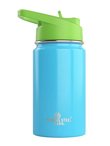 Kids Water Bottle - 12Oz Blue Leak Proof With Straw & Handle 24 Hours Cold Insulated, Double Wall Stainless Steel Easy Sip T