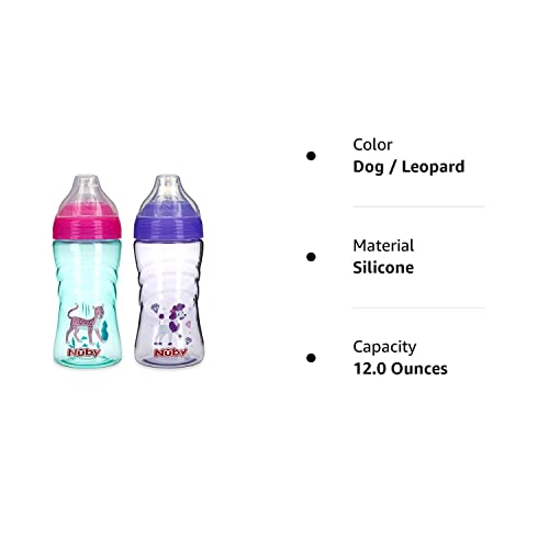Nuby 2 Pack No Spill Printed Thirsty Kids No-Spill Sip-It Sport Cup With Soft Spout And Lid - 12Oz, 12+ Months, 2 Pack, Dog/Leop