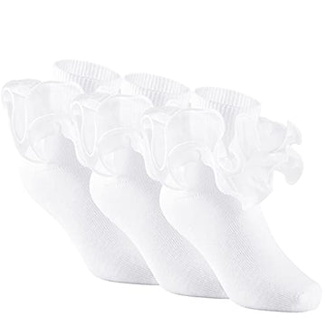 Yepami 3 Pairs Girls Ruffle Socks Big Double Lace Frilly Trim Dress Socks (White, Small, 2_Years)