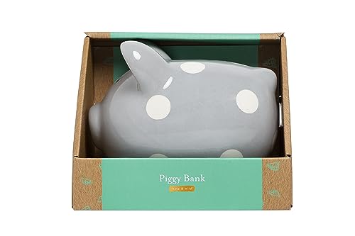 Kate & Milo Mini Ceramic Piggy Bank, Gender Neutral Nursery D  Cor, Baby Girl And Baby Girl Keepsake Gift, Gray With White Polka