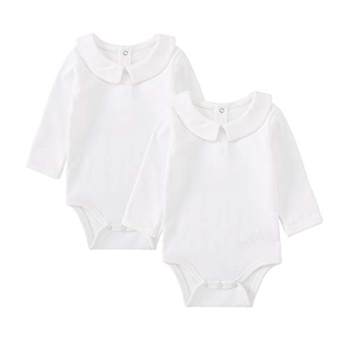 Pureborn 2-Pack Newborn Unisex Baby Bodysuit Peter Pan Collar Solid Baptism Long Sleeve White 0-3 Months