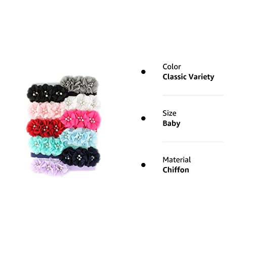 My Lello Baby Flower Headbands Fabric Beaded Trio Stretchy Elastic Variety Pack Classic Popular Colors 10 Pcs