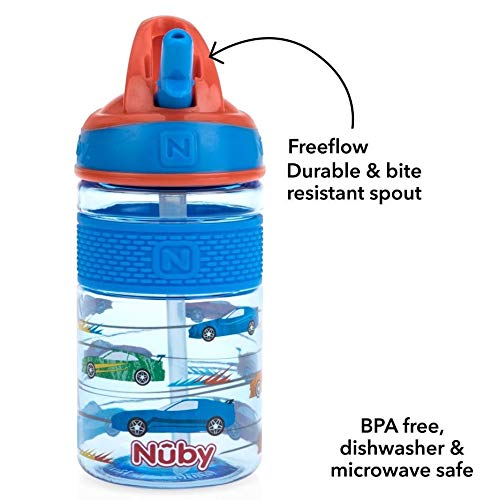 Nuby Thirsty Kids Flip-It Freestyle 12 Oz Water Bottle With Bite Resistant Hard Straw, Blue Cars
