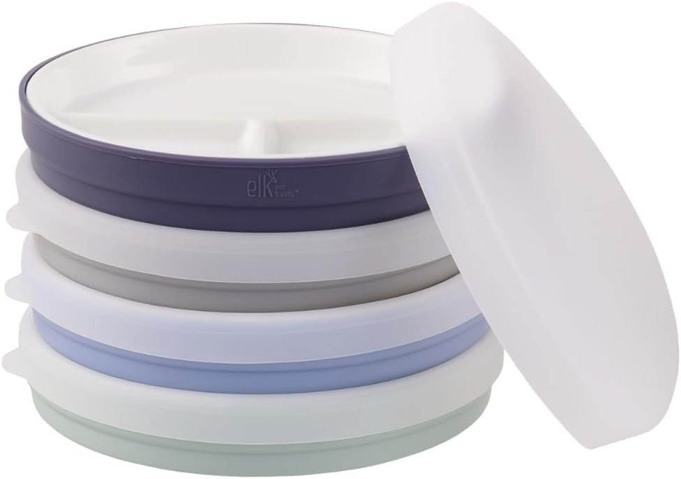 Elk and Friends Kids 7.8 Porcelain White Plates with Silicone Sleeves + Lids | Divided Plates | Suitable for Kids/Toddlers |