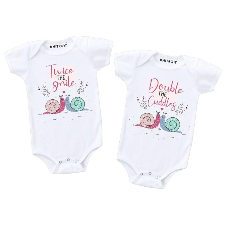 Knitroot Twin Romper, Unisex Baby Kids Twin Onesies, Half Sleeve Bottom Snap Button, White Cotton Bodysuit, Sleepsuit, Twice The