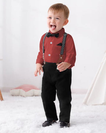 Disaur Boys Wedding Guest Outfit Short Sleeve White Flower Dress Shirt Bow Tie Suspender White Plaid Pants Back To School Gentle