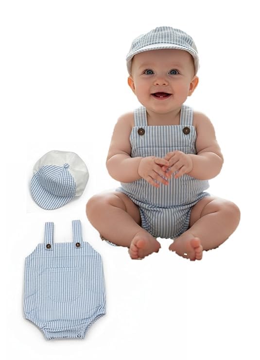 The Root & Craft Baby Cotton Romper With Matching Cap, Blue Check, Sleeveless Dungaree Set For Infants (Yellow, 03 Month) (Sky