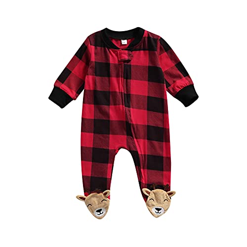 Newborn Baby Girl Boy Christmas Buffalo Plaid Footie Romper One Piece Zipper Sleeper Clothes (Plaid Zipper Footie B, 0-3 Months)