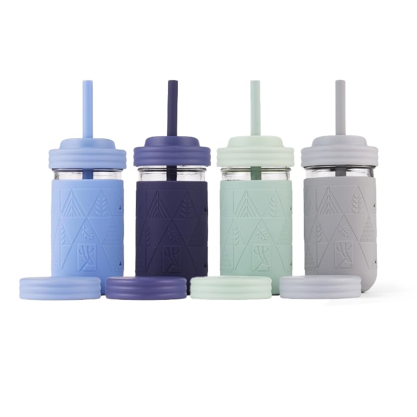 Elk and Friends Kids + Toddler Glass Cups | The Original 12oz Glass Mason Jar with Sleeves + Lids | Silicone Straws + Stopper |