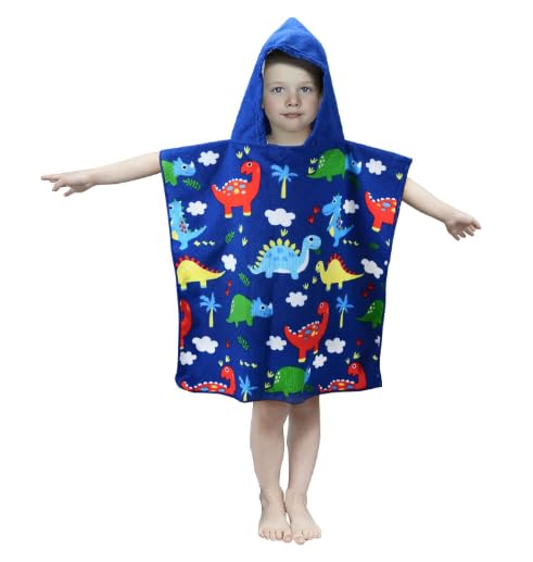 Kids Dinosaur Hooded Beach Towel Poncho, Blue, Cotton Terry
