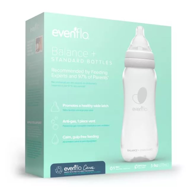Evenflo Feeding Balance+ Bottles, Standard, 0+ Months, Slow Flow, 3 Bottles, 9 Oz (270 Ml)