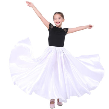 Sancan Long Full Ankle Length Satin Flowy Folkloric Latin Belly Dance Umbrella Skirt For Girls 8-12 Years (White)