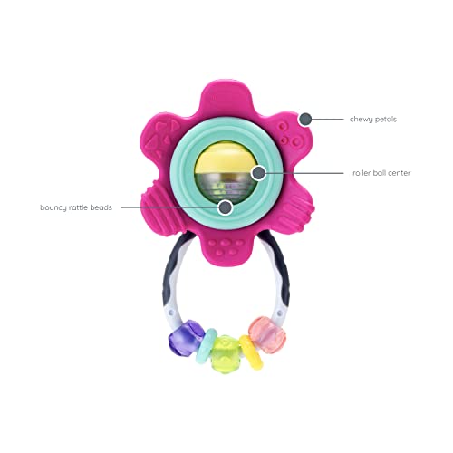 Infantino Spin & Teethe Gummy Pink Flower Rattle - Easy to Grab, Chewy Rings, Multi-Texutre Petals, Roller Ball Center - Teethin