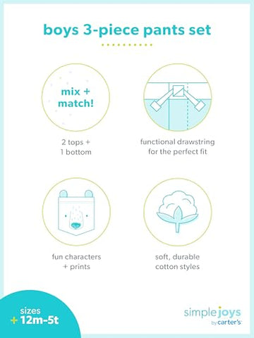 Simple Joys By Carter'S Baby Boys 3-Piece Playwear Pants Set, Brown Camo/Grey Stripe/White, 18 Months Us