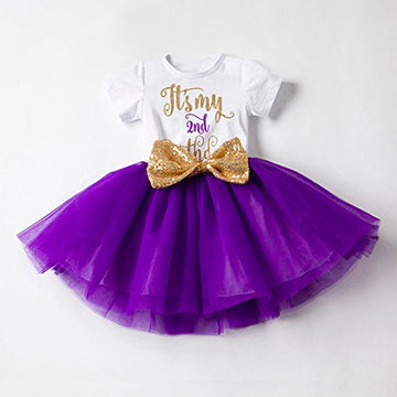 Girl Newborn It'S My 1St/2Nd Birthday Shinny Printed Tutu Princess Dress Onesie Outfit Set Purple (2 Years)