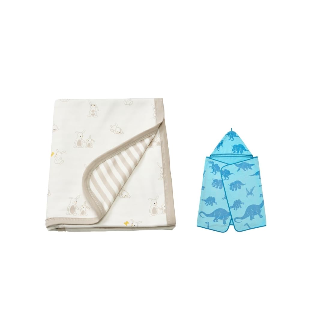 Ikea LEN Baby Blanket with JTTELIK Hooded Towel, Bunny/Dinosaur Pattern, White/Blue, 80x100 cm and 140x70 cm