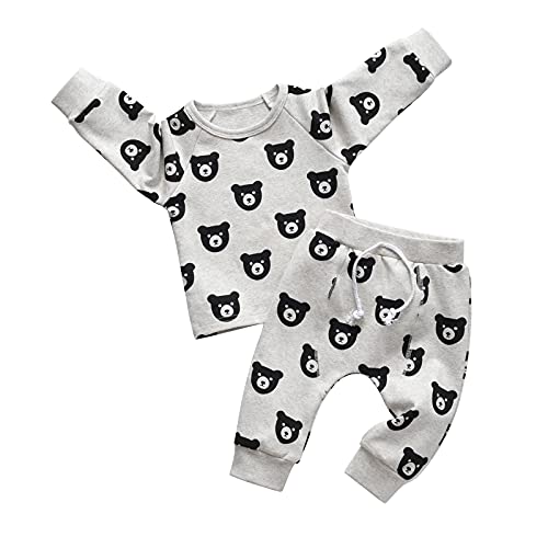 Toddler Baby Boy Clothes Infant Long Sleeve Bear Print Tops + Pants Sweatsuit Outfits (6-9 Months) Grey