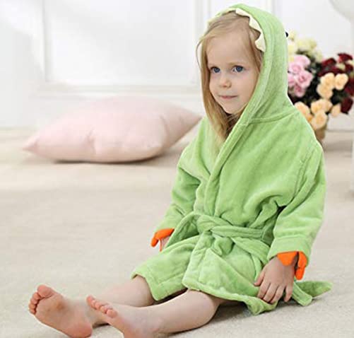 C-Young Kids Bath Robe Toddler Cotton Towel Animal Dinosaur Hooded Bathrobe, Green, M Size For 3-6 Ages Baby