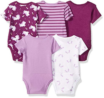 Hanes Baby Bodysuits, Ultimate Flexy Short Sleeve For Boys & Girls, 5-Pack, Purple Fun, 12-18 Months