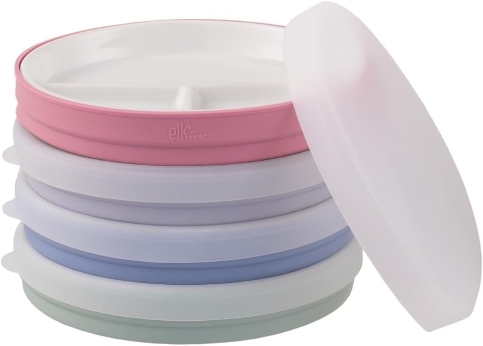 Elk and Friends Kids 7.8 Porcelain Divided Plates with Silicone Sleeves + Lids | Suitable for Babies/Kids/Toddlers | Microwav