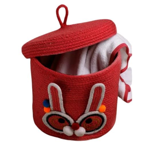 VELVET VIBE Kids Lid Baskets with Beautiful Characters Rope Baskets for Baby Diaper, Stuffed Animal Storage (Red Rabbit)