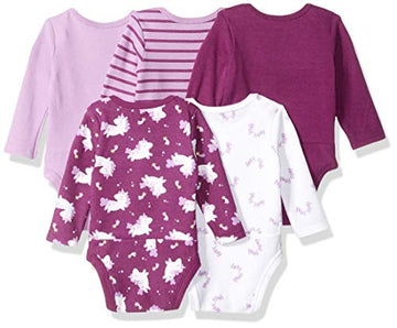 Hanes Baby Boys Ultimate Flexy 5 Pack Long Sleeve Bodysuits Bodystocking, Purple Fun, 18-24 Months Us