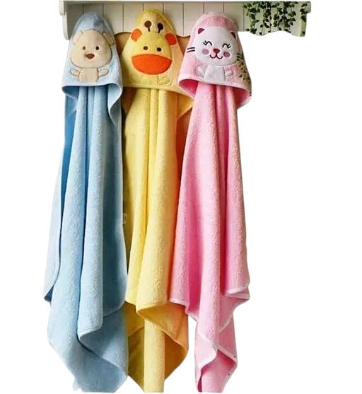 Baby Hooded Bath Towel Set of 3 | Soft & Absorbent Newborn Towel Blanket | Unisex Animal Theme Baby Wrapper for Boys & Girls