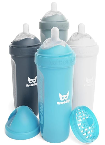 Herobility Double Anti-Colic Baby Bottles - 12 Fl Oz/340Ml - 4-Pack - Multicolor - White, Gray, Iron Blue, Blue