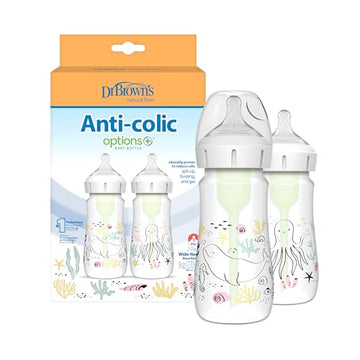 Dr Brownas Natural Flowa Anti-Colic Options+A Wide-Neck Baby Bottle Designer Edition Bottles, Ocean Decos, 9 Oz270 Ml, Level 1 N