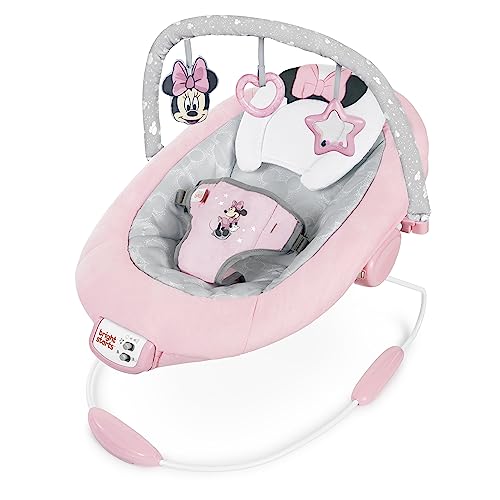 Bright Starts Disney Baby Minnie Mouse Comfy Baby Bouncer Soothing Vibrations Infant Seat - Music, Removable-Toy Bar, 0-6 Months