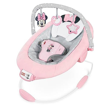 Bright Starts Disney Baby Minnie Mouse Comfy Baby Bouncer Soothing Vibrations Infant Seat - Music, Removable-Toy Bar, 0-6 Months