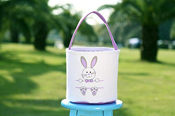Easter Bunny Basket Egg Bags For Kids,Canvas Cotton Personalized Candy Egg Basket Rabbit Print Buckets With Fluffy Tail Gifts Ba