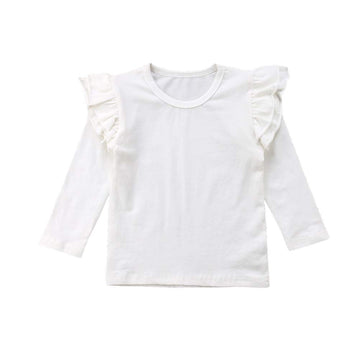 Toddler Baby Girls Ruffle Long Sleeved T-Shirt Blouse Solid Cotton Basic Tees Top (3-4 T, White)
