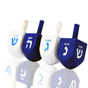 The Dreidel Company Wood Dreidel Bulk Solid Blue & White Wooden Hanukkah Dreidels Hand Painted With English Transliteration- Inc
