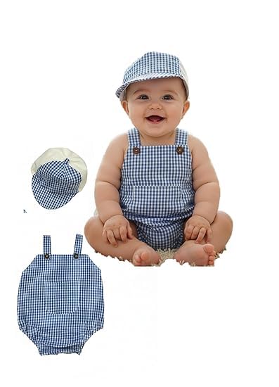 The Root & Craft Baby Cotton Romper With Matching Cap, Blue Check, Sleeveless Dungaree Set For Infants (Yellow, 03 Month) (Blue