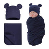 Pesaat Baby Swaddle Hat Set Bear Ears Boys Girls Beanie Newborn Baby Receiving Blanket Autumn Winter (Navy(Hat+Swaddle), 0-6 Mon