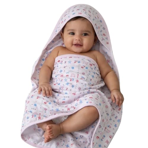 Baby Inn 100% Soft Cotton Babys Printed Hooded Towel Pink (Pack of 1), PIN