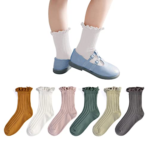 Mini Angel Baby Girl Socks Vintage Toddler Ruffle Lace Socks Dress Frilly Ankle Socks 6 Pack (Vintage Casual,1-3 Years)