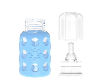 Lifefactory 4-Oz Glass Baby Bottle With Protective Silicone Sleeve And Stage 1 Nipple Sky Blue
