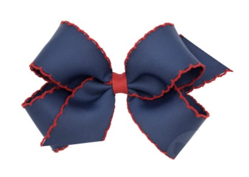 Wee Ones Girls Classic Grosgrain Moonstitch Edge Hair Bow, No-Slip Hair Clip, Handmade, Navy with Red, Medium